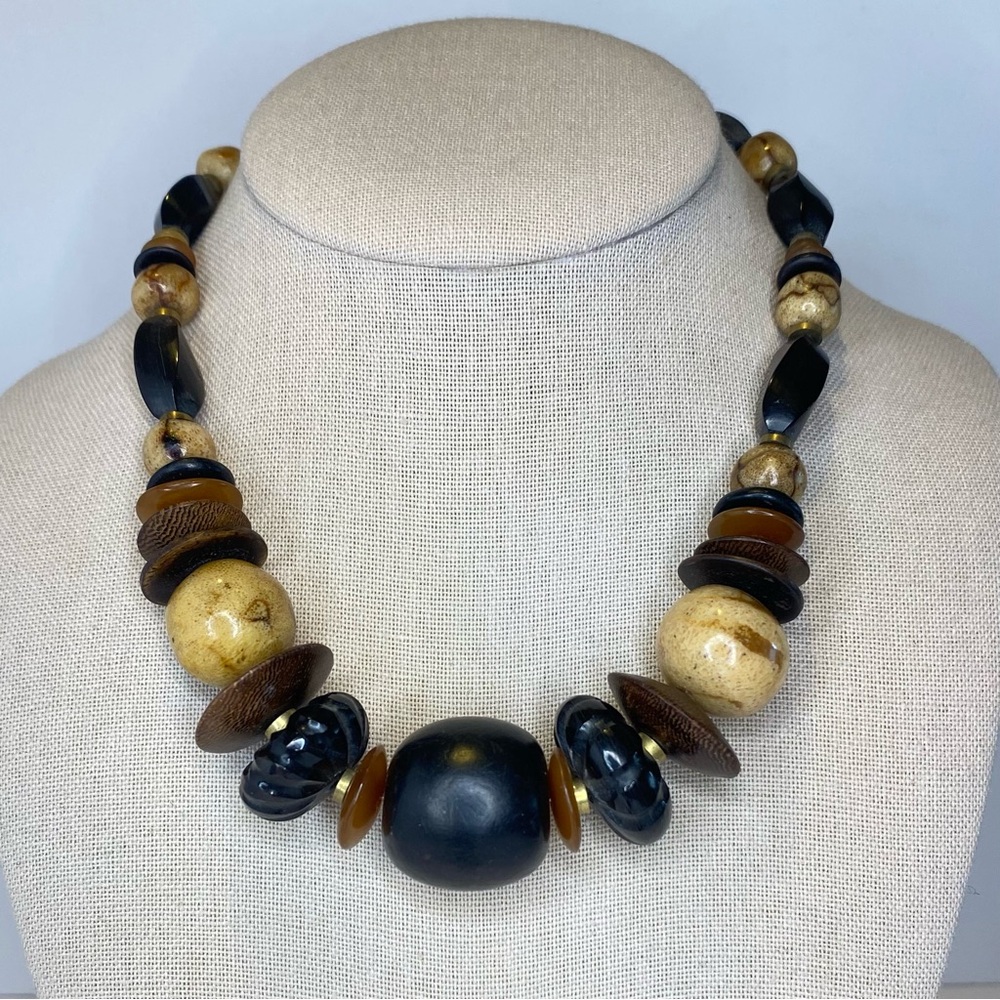Vintage Chunky Mixed Bead Statement Necklace Wood‎ Earth Tone Tribal Autumn Fall